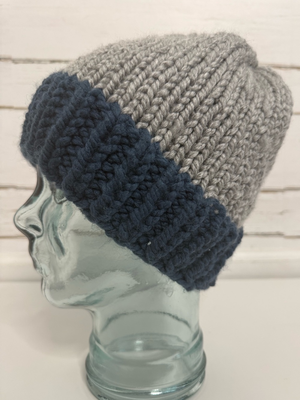 Handmade Gray & Navy Chunky Knit Beanie Hat | Hand Knit Winter Hat